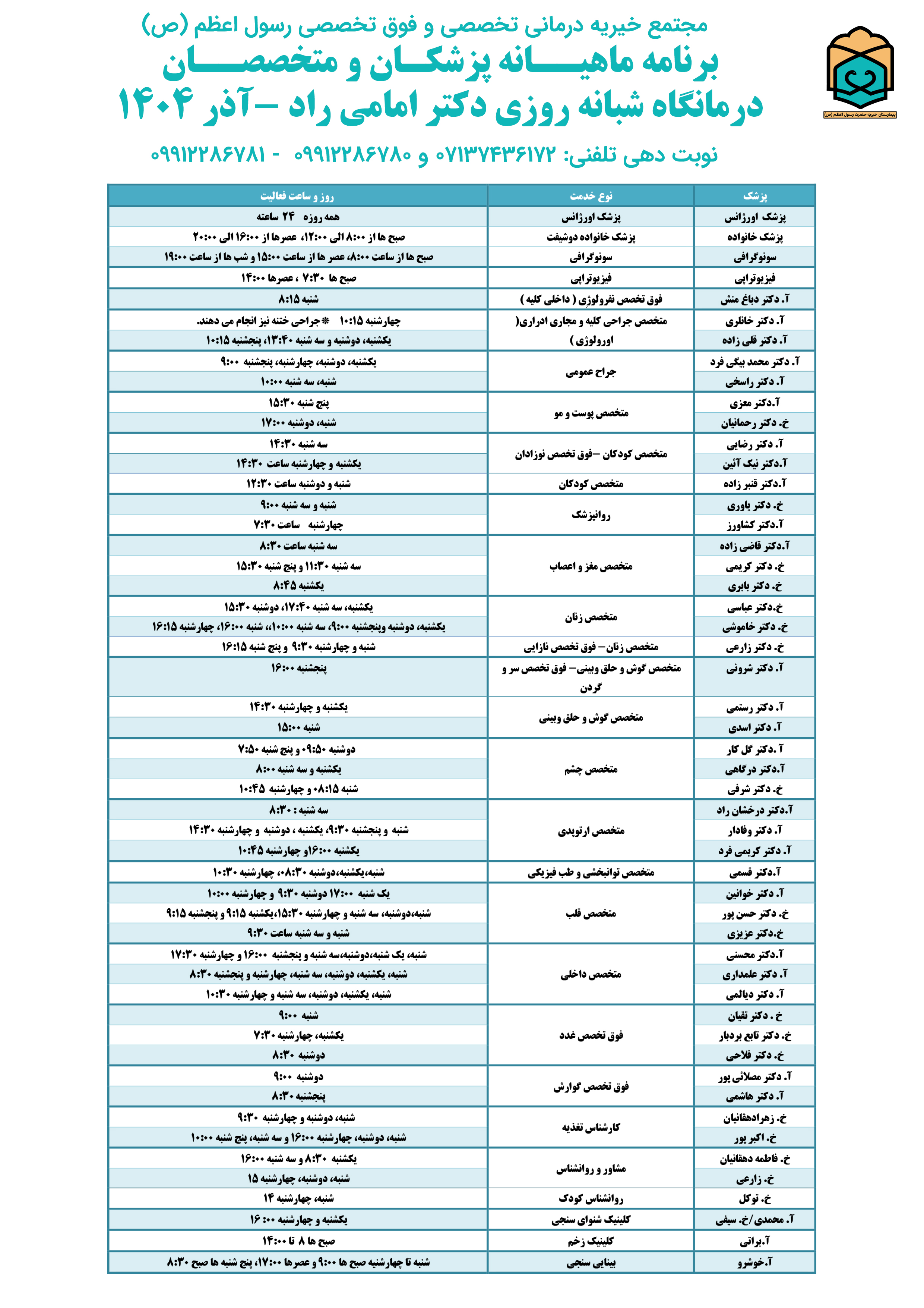 برنامه پزشکان آذر 1404